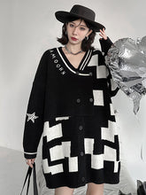 Fashion Roomy Long Sleeves Button Decorated Checkered V-Neck Sweater Dresses